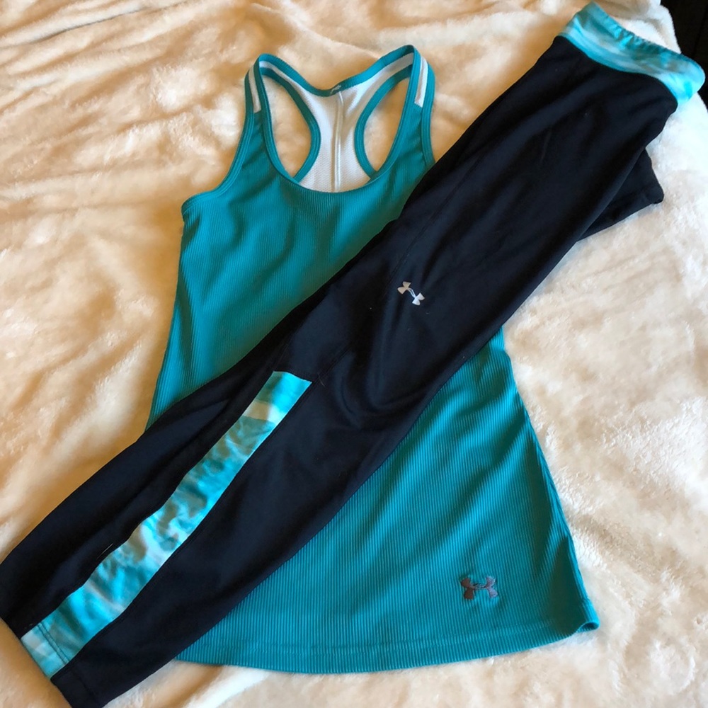 Under Armor turquoise tank and long pants!